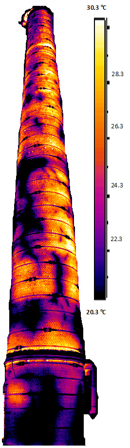 Пример панорамной термограммы кирпичной дымовой трубы высотой 50м